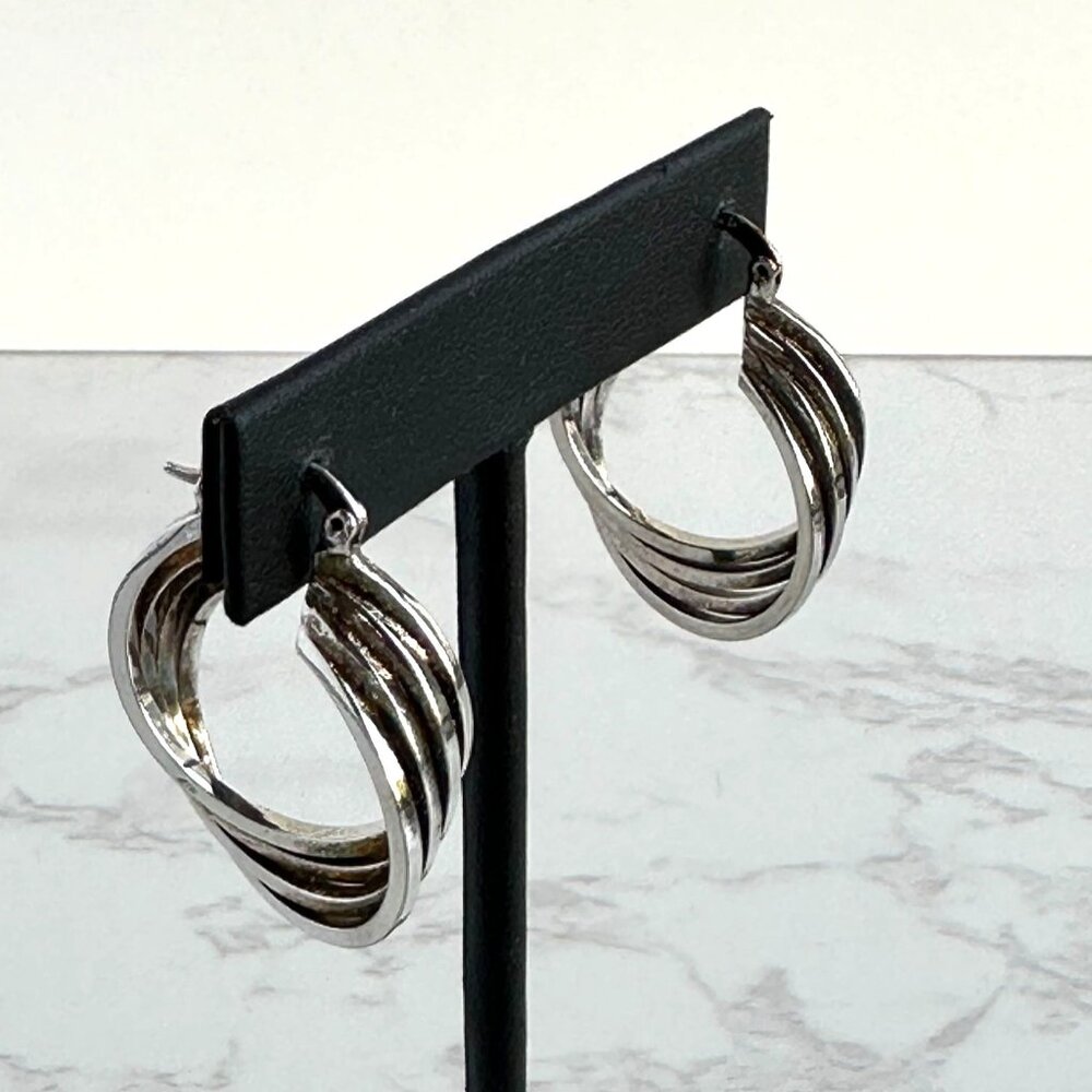 925 Silver Sculptural Hoops, Wave Design, 1" - Picture 6 of 8